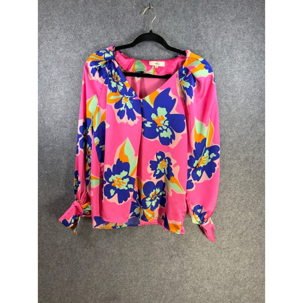 Entro Pink Floral V-Neck Puff Sleeve Blouse with Tie Cuffs Small